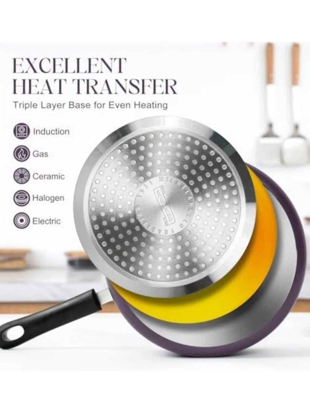 Nonstick Ceramic Saucepan Set with Lid, Induction Cooking Pots, 1Qt-3Qt, Purple